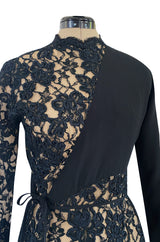 1990s Geoffrey Beene Black Ribbon Net Lace Dress w Nude Interior & Tied Panel Detailing