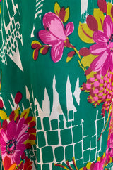 Documented 1973 Scott Barrie Pink & Green Floral Backless Silk Chiffon Dress