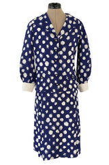 Spring 1977 Chanel Haute Couture Blue & White Silk Suit w Removable Collar
