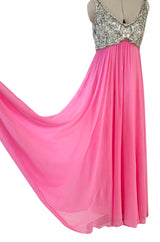 Late 1960s Fred Perlberg by Roger Millet Pink Silk Chiffon Dress w Silver Beaded Bodice