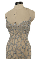 Exquisite 1985 John Anthony Nude Silk Chiffon & Net Dress w Silver Chain Rhinestones and Beads