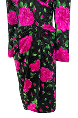 Prettiest 1980s Vicky Tiel Couture Hourglass Bright Pink Floral Print Silk Dress
