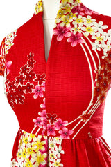 1970s Malcolm Starr Cherry Red Floral Print Dress w Rhinestone Detailing