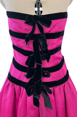 Prettiest Fall 1980 Oscar de la Renta Strapless Pink Silk Matte Satin Dress w Velvet Bows