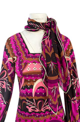 1960s Emilio Pucci Pink Floral & Ribbon Print Silk Jersey Dress w Matching Silk Chiffon Scarf