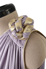 1981 Bill Tice Lilac One Shoulder Jersey Dress w Gold Lame Flower Detailing
