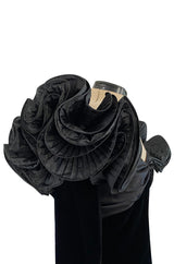 Dramatic 1980s Nina Ricci Black 'Garda' Velvet Dress w Pleated Silk Taffeta Ruffled Shoulders