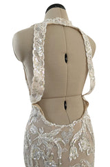 Feather Light Spring 1984 John Anthony Couture Plunging Ivory Lace Dress w Sequin Detailing
