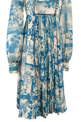 Prettiest 1960s Jean Varon Blue Floral Print Dress w Elaborate Pleating Detail