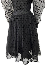 Early 1980s Pauline Trigere Velvet Dot on Net Dress w Exceptional Sleeves