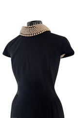 Early 2000s Moschino Cheap & Chic Black Stretch Crepe Dress w Removable Pearl Collar