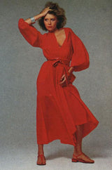 1974 Halston Red Silk Chiffon Ruffled Collar & Cuffs Bias Cut Dress