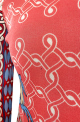 Cutest 1970s Paganne One Shoulder Red Pink & Blue Printed Jersey Dress w Swingy Skirt
