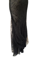 Incredible 2000s John Galliano Fine Black Lace Dress w Train & High Collar