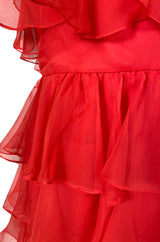 c.1977 Valentino Strapless Silk Chiffon Red Ruffle Full Length Dress