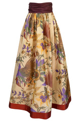 Fall 1977 Bill Blass Printed Silk Taffeta Skirt & Off Shoulder Purple Silk Top Dress Set