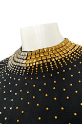1971-73 Donald Brooks Brass and Silver Stud & Bead Black Crepe Dress