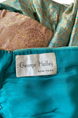1960s George Halley Gold Metallic Blue-Green & Dusty Pink Lame Dress