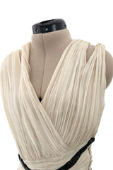 Spring 2012 Christian Dior Runway Ivory Silk Chiffon Dress w Black Beaded Bow Detail