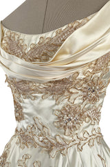 Incredible 1950s Ceil Chapman Ivory Silk Satin Dress w Gold Metal Ribbon Detailing