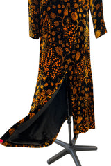 Amazing 1975 Thea Porter Printed Burnt Gold & Black Silk Velvet Caftan Dress