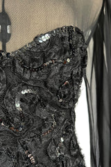 Gorgeous 1980s Loris Azzaro Black Silk Chiffon & Sequin Ribbon Detail Dress