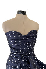 1980s Loris Azzaro Deep Blue Silk Strapless Dress w White Dots & Unusual Skirt