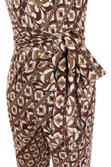Rare 1970s Emilio Pucci Printed Taupe & White Silk Jersey Halter Jumpsuit w Belt