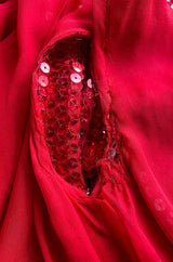 Iconic 1970s Halston Couture Glossy Red Sequin Full Length Wrap Dress w Plunge Front