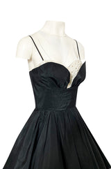 1950s Unlabeled Black Full Circle Skirted Silk Dress w Daisy Applique Bust