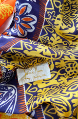 1960s Lucie Ann Silky Rayon Bright Orange Scarf Print Caftan Hostess Dress