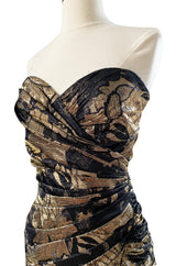 Fall 1988 Emanual Ungaro Strapelss Gold Metallic Black & Gold Ruffled Hem Dress