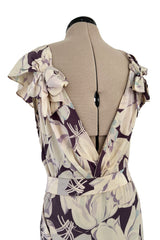 Rare Dated 1934 Bias Cut Soft Purple and Ivory Floral Print Silk Dress & Jacket w MOP Belt
