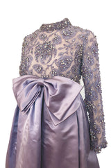 1960s George Halley Couture Lavender Silk Satin Dress w Heavily Detailed Crystal & Rhinestone Bodice