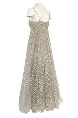 1970s Unlabeled Alfred Bosand Sequin Bodice Dotted Silk Net Dress W Matching Cape Overlay
