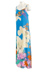 Extraordinary 1970s Hanae Mori Couture Pastel Turquoise Floral Print Silk Chiffon Dress & Jacket