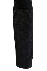 1970s James Galanos Couture Textured Puff Silk One Shoulder Dress w Transparent Lace Inset