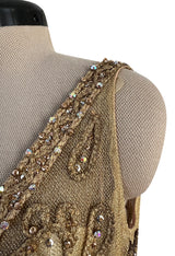 Incredible 1960s Malcolm Starr Gold Metal Net Dress w Metal Cording & Rhinestones