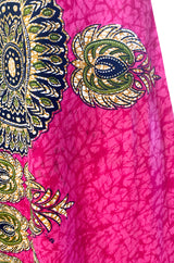 1960s Unlabeled Pink Thai Print Cotton Caftan Dress w Frog Knot Detail