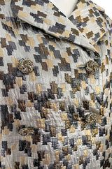 Early 1960s Ceil Chapman Gold & Silver Metallic Silk Brocade Coat w Crystal Buttons