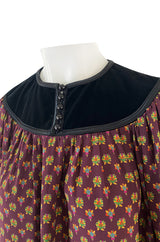 Fall 1977 Yves Saint Laurent Pretty Floral Printed Silk Smock Dress w Velvet Detailing