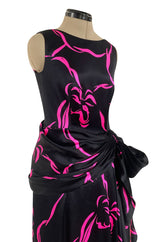 Fall 1985 Unlabeled Ady Couture for YSL Black Silk Hip Swag Dress w Pink Bow Print