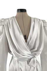 Amazing 1980s Flora Kung Pale Silver Satin Jumpsuit w Plunge Neckline & Tie Waist