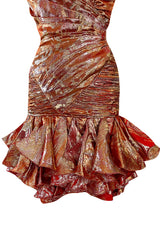 Fall 1988 Emanuel Ungaro Strapless Metallic Gold & Coral Dress w Flirty Ruffled Skirt