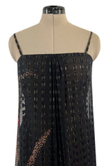 1970s Pauline Trigere Metallic Gold Thread on Pritned Silk Chiffon Dress & Sash