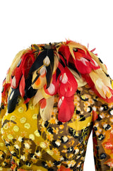 Famous 1971 Bill Blass Vogue Featured Yellow Chenille & Silk Maxi Dress w Elaborate Feather Collar