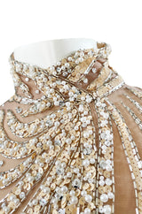 1980s Bob Mackie Ivory Sequin & Nude Stretch Net High Slit Dress