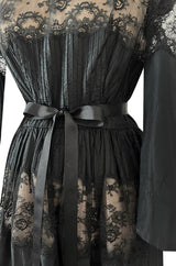 Gorgeous 1970s Larry Aldrich Black Silk Tafetta Dress w Illusion Nude Lace Panels