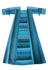 1960s Josefa Hand Made Ocean Blue Caftan Dress w Embroidery & Ribbon Details