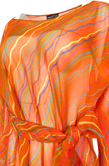 Spring 1973 Halston Bright Tangerine Striped Silk Chiffon Caftan w Sash